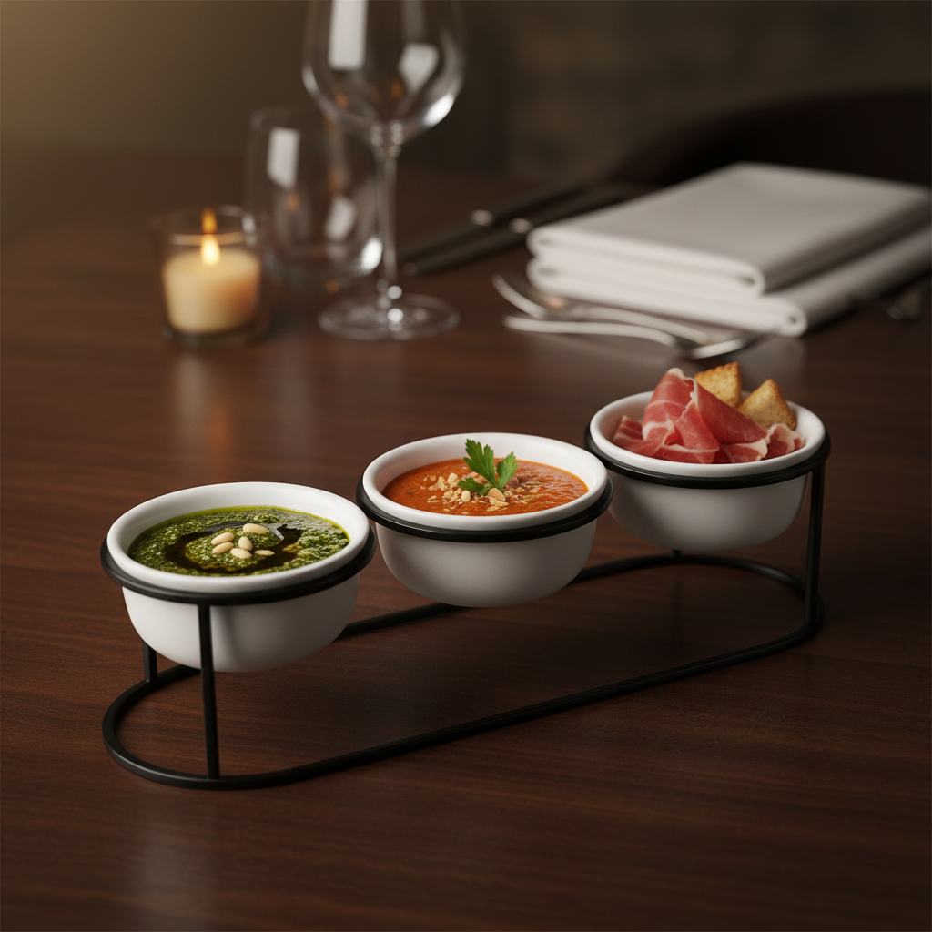 Craster Tilt black triple frame styled on a luxury restaurant table with gourmet condiments and appetizers in small bowls