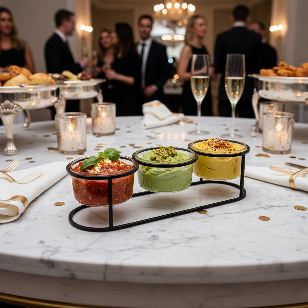 Craster Tilt black triple frame on a marble buffet table at a luxury catering event with colorful dips and sauces