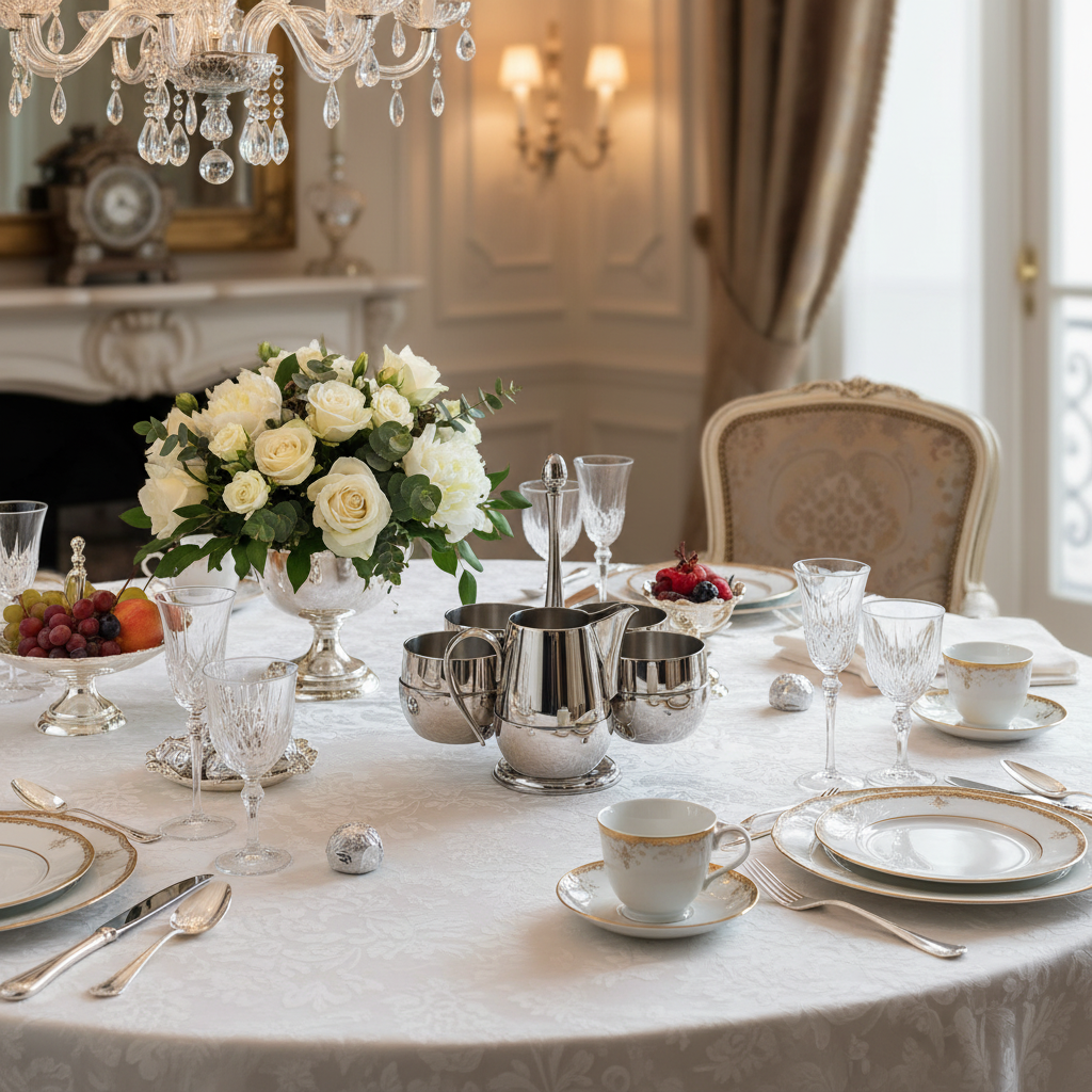 Mepra Palace coffee set styled on an elegant dining table with fine linen, fresh flowers and luxury tableware, warm lighting