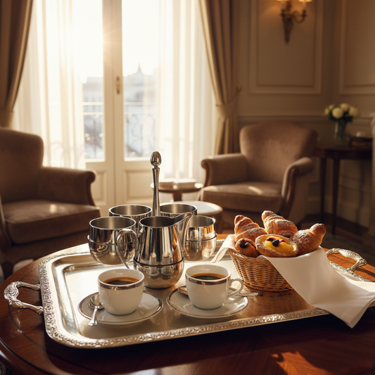 Mepra Palace stainless steel coffee set on a silver tray in a 5-star hotel suite with espresso cups and fresh pastries
