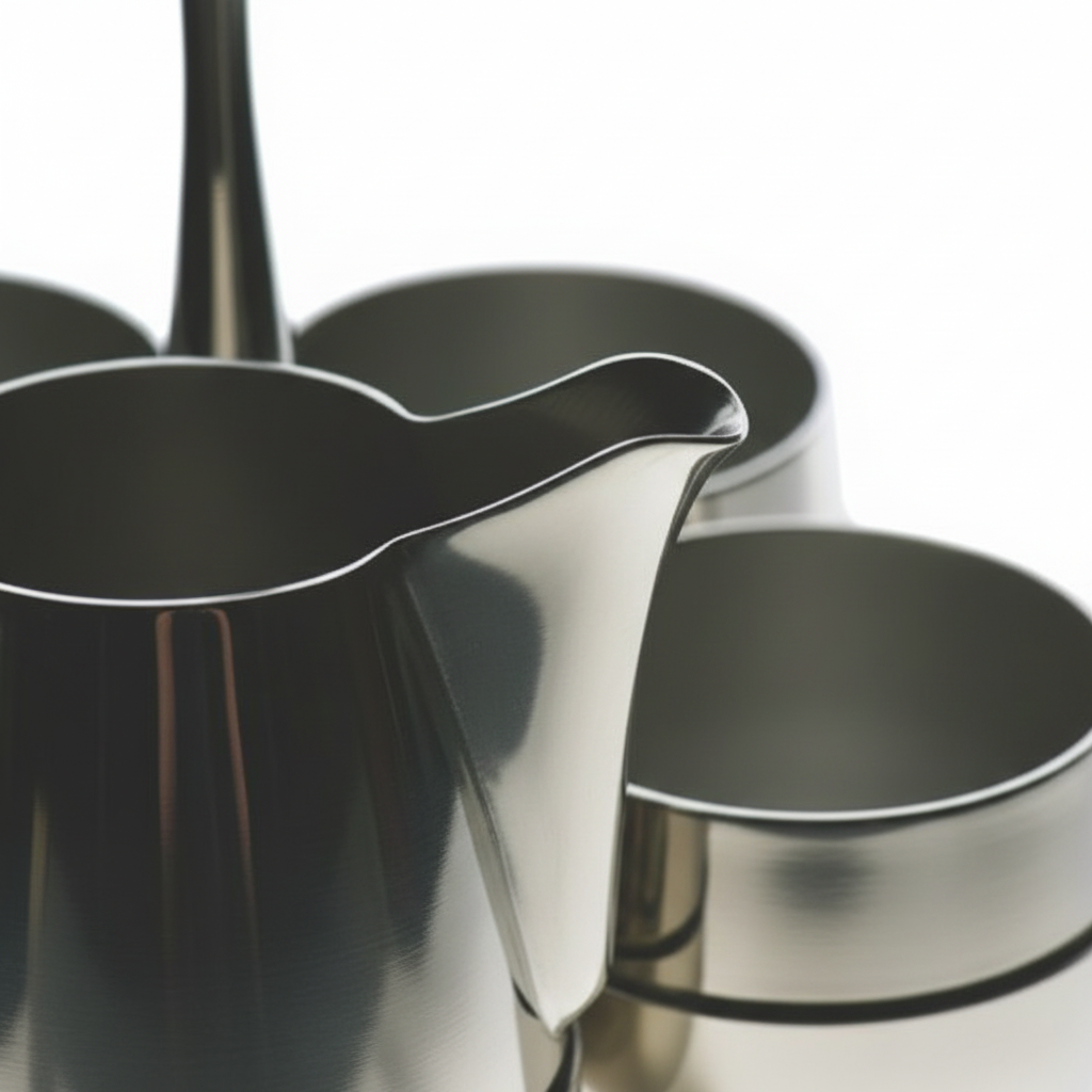 Close-up of Mepra Palace coffee set showing mirror-like high-polish stainless steel finish and elegant creamer spout