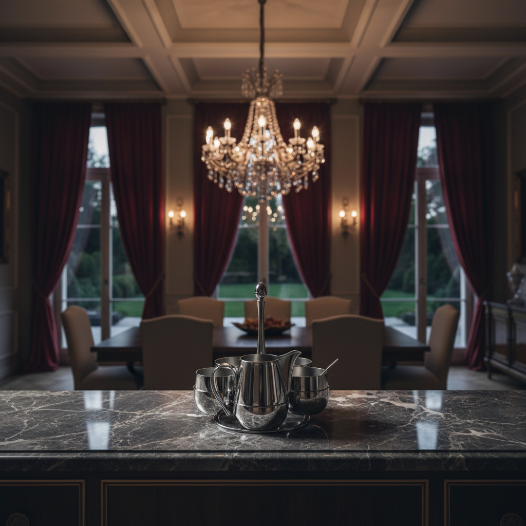 Mepra Palace coffee set on a dark marble sideboard in a grand luxury dining room with chandelier and velvet drapes