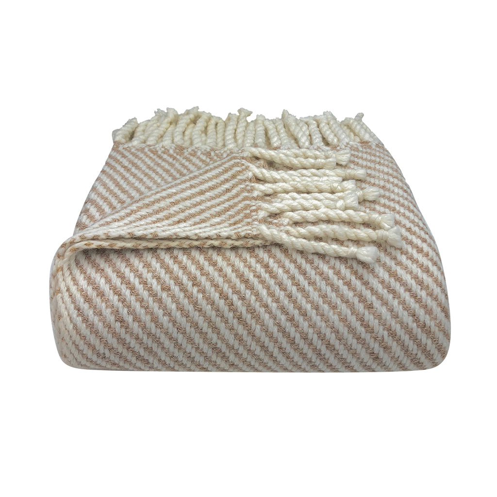 Detail of chunky rope fringe on Royal Knit Peru camel stripe alpaca throw blanket